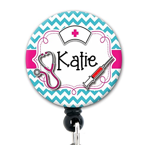 Retractable Badge Reel - Aqua Nurse Tools Chevron - Personalized Name - Badge Holder