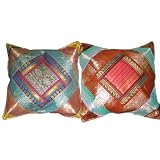 2 Brown Vintage Silk Sari Toss Pillow Cushion Coversby Mogulinterior