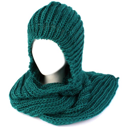 Winter Chunky Knit Hooded Scarf Pullover Headscarf Neckwarmer Hoodie Hat Teal