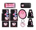 Hello Kitty Sanrio Hearts Design 10pc Auto Accories Combo Set - Front & Rear Floor Mats, Seat Covers, Steering Wheel Cover, CD Visor Organizer, License Plate Frame & Keychain