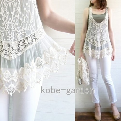 ハンサムセレブの装いに かぎ編み刺繍＆ネットレースAラインデザインチュニックML