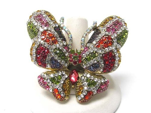 Beautiful XX-Large Multi-Colored Crystal Butterfly Fashion Ring with Unique Stretch Band ~ Gold Tone