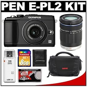 Olympus Pen E-PL2 Micro 4/3 Interchangeable Digital Camera & 14-42mm II Lens (Black) with M.Zuiko 40-150mm Lens + 8GB Card + Case + Accessory Kit