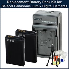 2 Battery Pack Kit for Panasonic Lumix DMC-3D1, DMC-ZS20, DMC-ZS15 Digital Cameras Digital Cameras. Package Includes: 2 Extended Life Replacement Batteries, Rapid Travel Charger, Table Top Tripod, LCD Screen Protectors and Cleaning Kit