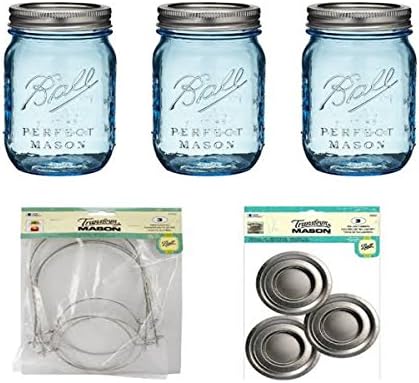 3 Ball Blue Pint Mason Jars with 3 Wire Handles and 3 Tealight Inserts