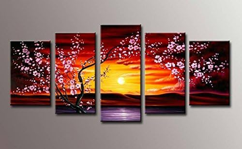 Youkuart-kx6801,5panel Plum Tree Blossom Flower Oil Paintings Reproduction Canvas Prints, Stretched and Framed Artwork, Modern Abstract Floral Canvas Wall Art Painting for Wall Decor, Large Canvas Picture Photo Canvas Print on Canvas Art