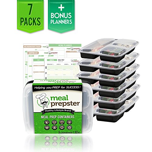 Meal Prepster - 3 Compartment Meal Prep Containers w/ Clear Lids (7 Pack, 32 Ounce) - Certified BPA-Free - Reusable, Stackable, Airtight, Multi-Functional Plastic Food Prep Storage Containers
