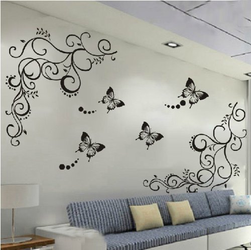 Amaonm® Hot Fashion Removable Vinyl Diy Black Nursery Flowers Vine and Beautiful Butterfly Wall Corner Decals Wall Sticker Murals Home Art Decor for Girls Kids Bedroom Living Room Home Decorations