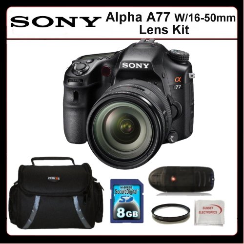 Sony Alpha A77 Kit w/16-50mm Lens Includes: Sony Alpha A77 Digital Camera with 16-50mm Lens, 8GB SDHC Memory Card, Memory Card Reader, UV Filter, SSE Microfiber Cleaning Cloth and Soft Carrying Case