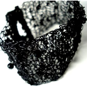 Crochet Beaded Onyx Black Glass Seed Bead Cuff Bracelet "Be Courageous" - Fair Trade