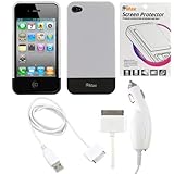 IMAGE OF EZOPower Rapid White Car Charger + White USB Hotsync & Charging Data Cable + Black/White Slider Rubberized Hard Snap On Cover Case + LCD Screen Protector Film Guard for Verizon CMDA / AT&T GSM Apple Iphone 4th 4G