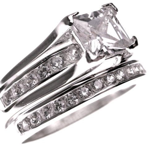 Carat Princess Cut Platinum Plated Silver Wedding Ring Set for Her ... Carat Princess Cut Platinum Plated Silver Wedding Ring Set for Her ...