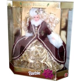 Barbie Year 1996 Hallmark Special Edition 12 Inch Doll - Happy Holidays Barbie with Burgundy Gown with Faux Fur Trim, Hat and Muff, Golden Brocade Underskirt, Hand Ring, Earrings, Shoes, Hair Brush and Doll Stand