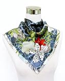 Satin Multicolored Floral Print on Blue with Colorful Band - Silk Bandana 21x21