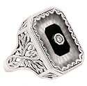 Art Deco Style Sterling Silver Starburst Crystal, Jet & Diamond Ring