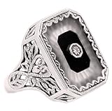 Art Deco Style Sterling Silver Starburst Crystal, Jet & Diamond Ring (sz 9)