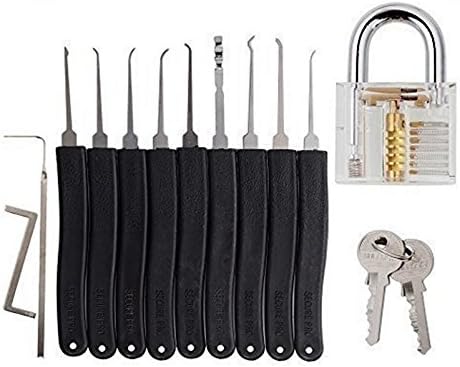 Practice Lock Set, NALAKUVARA Crystal Transparent Professional Visible Cutaway Inside View Padlocks with 2 keys, 12 pcs Various Picks Crochet Hook, Wrenches, Leather Pouch for Locksmith Training