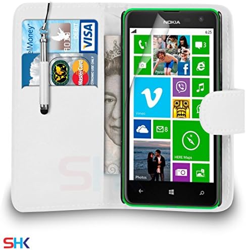 Nokia Lumia 625 Premium Leather White Wallet Flip Case Cover Pouch + Retractable Touch Stylus Pen + Screen Protector & Polishing Cloth SVL5 BY SHUKAN®, (WALLET WHITE)