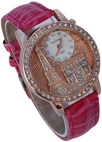 Women's Paris Eiffel Tower Arc De Triomphe Luxuary Style Rhinestone Fashion Watch with Pink Band