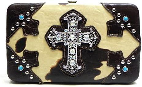 Western Cow Printed Rhinestone Cross Checkbook Wallet Womens Opera Clutch Wallet [Brown]