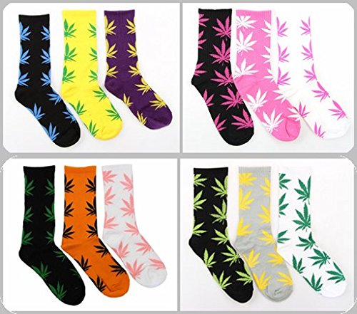 Sunnydate 3 Pair Marijuana Weed Leaf Printed Cotton High Socks (Mix Color)