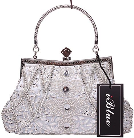 Blueblue Sky Seed Bead Sequined Leaf Clutch Purse Evening Handbag Hidden Handle#03331 (Silver)