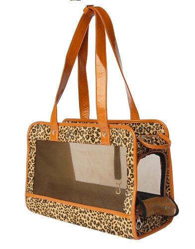 doggie carrier purses:Cheetah-Print Pet Carrier w/ Faux Leather Trim - Beige Trim Images