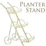 車輪3連フラワースタンド　アンティーク　ホワイト　H80cm