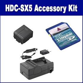 Panasonic HDC-SX5 Camcorder Accessory Kit includes: SDM-130 Charger, KSD2GB Memory Card, SDVWVBG130 Battery