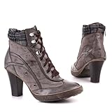 Damen Schuhe, STIEFELETTEN, BOOTS STIEFEL MIT SCHNÜRUNG, 36-M02365B, Synthetik in hochwertiger Leder Optik und Textil, Braun Grau, Gr 36