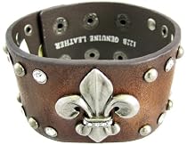 Brown Leather Rhinestone Studded Fleur De Lis Wristband