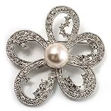 Bridal Diamante Pearl Daisy Brooch (Silver Tone)