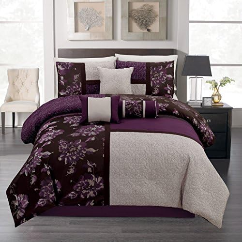 7-piece Purple Black Gray Quilted Jacquard Floral Patchwork Comforter Set Queen