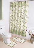 Bath Ensemble, Shower Curtain, 12 Fabric Rings, Bath and Contour Mat, Liana Aspen Green