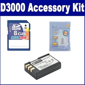 Nikon D3000 Digital Camera Accessory Kit includes: SDENEL9 Battery, ZELCKSG Care & Cleaning, KSD48GB Memory Card