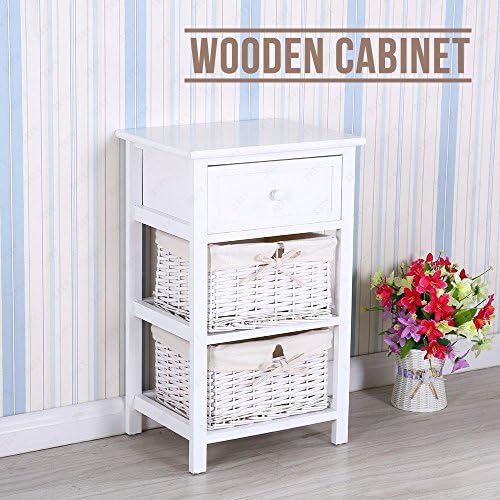 Gracelove Retro White Shabby Chic Wood Nightstand End Side Bedside Table w/Wicker Storage (Type 1)