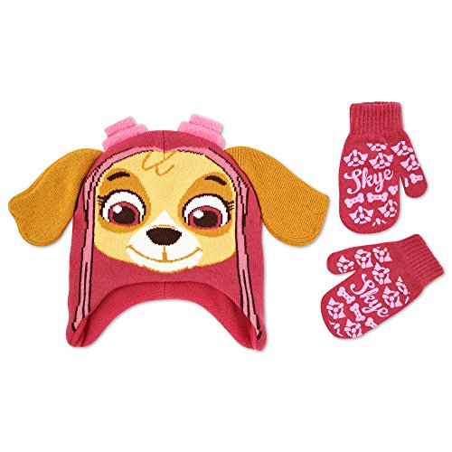 Nickelodeon Toddler Girls Paw Patrol Skye Acrylic Hosiery Knit Contoured Short Winter Hat with Knit Ears and Matching Mitten Set, Pink, One Size