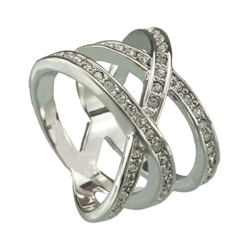 FM42 Silver-tone Triple Row Clear Crystal Crossover Cocktail Wide Ring R124