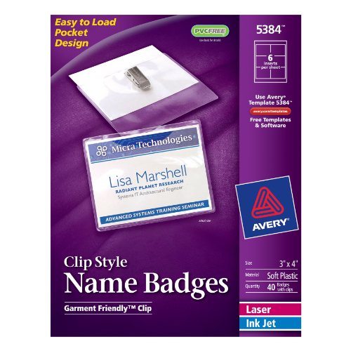 Avery Top Loading Insertable 3 x 4 Inch White Name Badges 40 Count (5384)