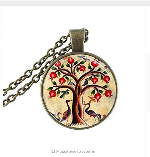 Tree of life pendant necklace glass cabochon pendant, tree jewelry pomegranate tree bird choker necklace