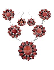 Red Oyster Shell Sterling Silver Link Necklace Earrings Set AS27006