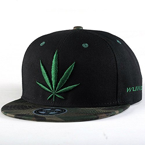 Unisex Hip Hop Embroidered Green Marijuana Weed Snapback Hat, Adjustable Baseball Cap