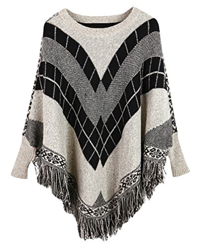Mooncolour Women's Assorted Colors Round Collar Tassels Hem Batwing Sleeve Poncho