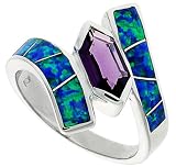 14K White Gold Rhodium Plated Sterling Silver Wedding & Engagement Ring Sterling Silver, Synthetic Opal Inlay Ring, w/ Hexagon-shaped Amethyst CZ For Women 19MM ( Size 6 to 9)