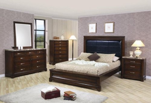 Andrea 4PC Queen Size Bedroom Group in Dark Oak Finish! Marble Top!