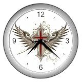 Silver Wall Clock of Modern Winged Angel Christian Jesus Christ Cross