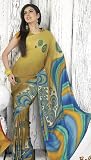 Camel Yellow with Blue pallu Georgette Based Printed Sari / Saree / Wrap