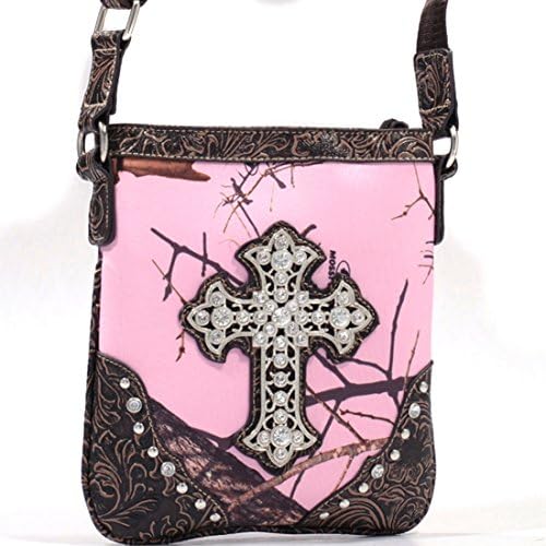 Mossy Oak Studded Camouflage Messenger Bag w/ Rhinestone Cross & Floral Trim - Camo/Coffee