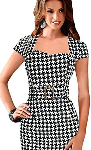 Women Euroamerican Style Plover Grid with Belt Slim Office Pencil Skirt Dress Orange L