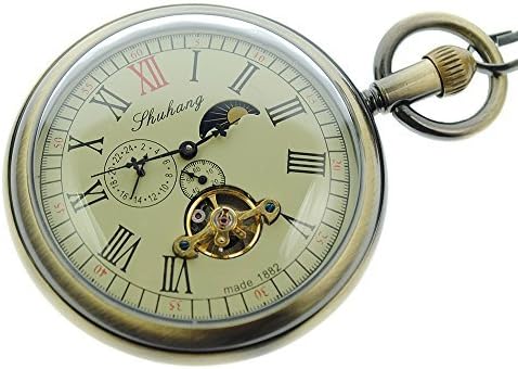 Etimelife Open Face Antique Tourbillon Moonphase 24hour Mechanical Pocket Watch HB007